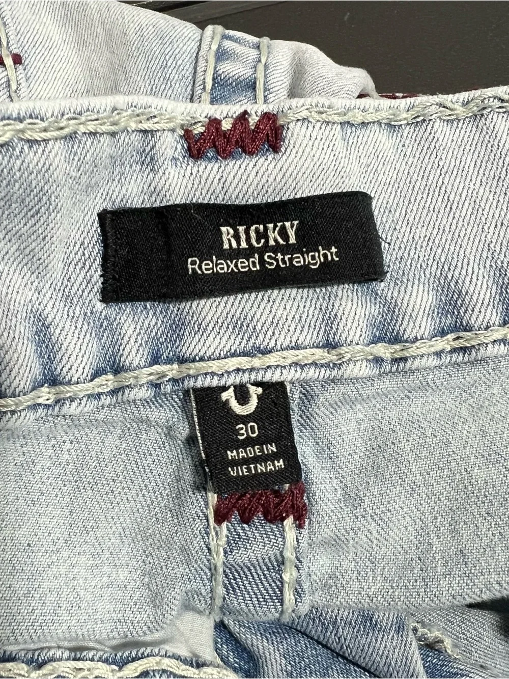 True Religion Ricky Relaxed Straight No Flap Light Blue Red Jeans Mens Size 30